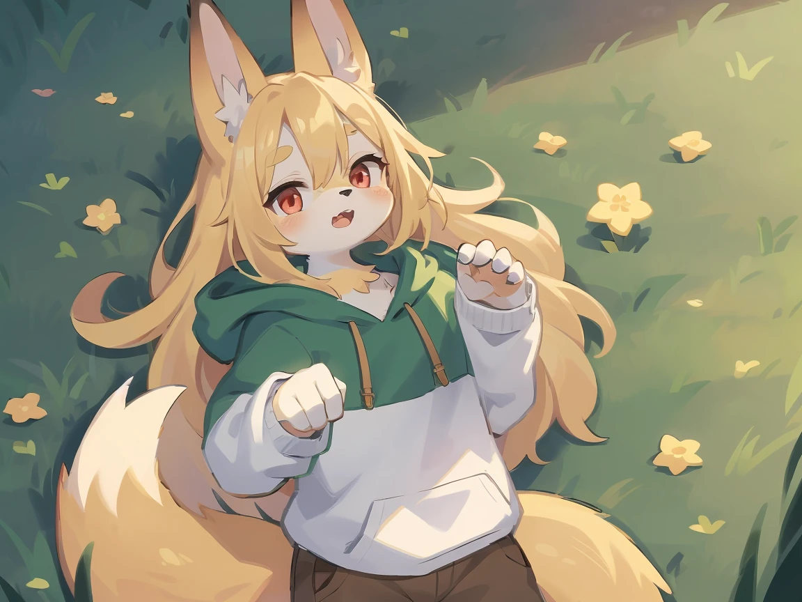 flat color, shota the fox, , was hairy, shaggy, skin fur, smooth lashes, golden fur, forelimb hands, straight long blonde hair, solid circle eyes, golden ears, golden fur, golden facial fur, shiny hair, red eyes, super cute face, 1fox tail, fluffy tail, furry tail, glowing eyes, green coat green hood down, brown trousers, open mouth, ambient light, ultra-fine fur, dashed eyes, masterpiece, high quality, high-details, best quality, (solo)