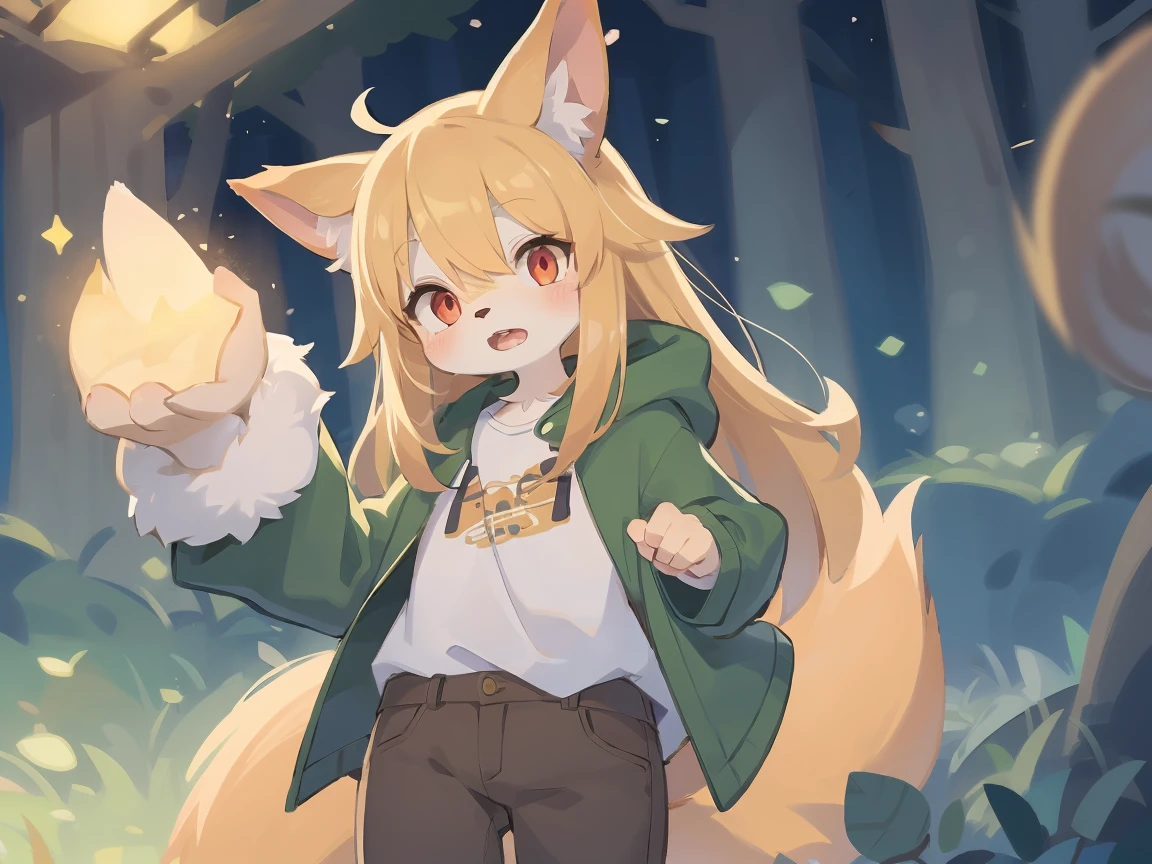 flat color, shota the fox, , was hairy, shaggy, skin fur, smooth lashes, golden fur, forelimb hands, straight long blonde hair, solid circle eyes, golden ears, golden fur, golden facial fur, shiny hair, red eyes, super cute face, 1fox tail, fluffy tail, furry tail, glowing eyes, green coat green hood down, brown trousers, open mouth, ambient light, ultra-fine fur, dashed eyes, masterpiece, high quality, high-details, best quality, (solo)