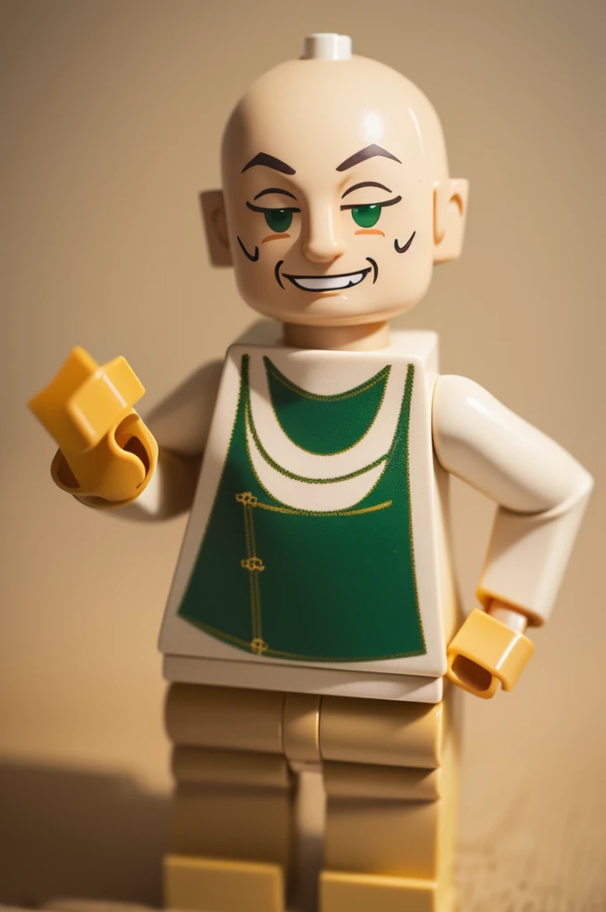 Roblox half lego figure, beige and bald,wears a green blouse doing cool with both hands and smiling