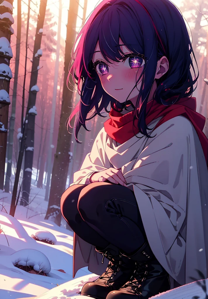 aihoshino, Ai Hoshino, Long Hair, bangs, (Purple eyes:1.1), Purple Hair, (Symbol-shaped pupil:1.5), smile,,smile,blush,White Breath,
Open your mouth,snow,Ground bonfire, Outdoor, boots, snowing, From the side, wood, suitcase, Cape, Blurred, , forest, White handbag, nature, Squat, Mouth closed, Cape, winter, Written boundary depth, Black shoes, red Cape break looking at viewer, Upper Body, whole body, break Outdoor, forest, nature, break (masterpiece:1.2), Highest quality, High resolution, unity 8k wallpaper, (shape:0.8), (Beautiful and beautiful eyes:1.6), Highly detailed face, Perfect lighting, Extremely detailed CG, (Perfect hands, Perfect Anatomy),