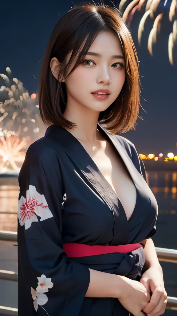 8K,Highest quality,(masterpiece:1.2),(Realistic),(Realistic:1.37),Ultra-high resolution,One Young Woman,((smile)),night,Big Breasts,Beautiful Eyes,festival grounds,(((Fireworks bursting into the sky))),(((night))),(((yukata))),Perfect body,Perfect Fingers,Professional Lighting,gravure,Detailed face and skin texture,fine grain,RAW Photos