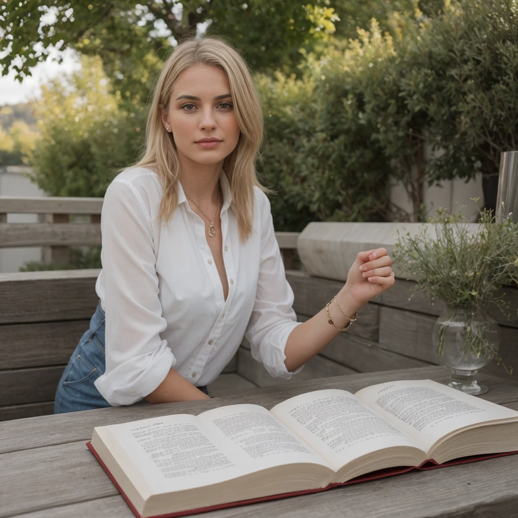 Une fille blonde avec un très joli corps fin et une jolie poitrine, en train de lire un livre sur une terrasse ensoleillée, éclairage parfait, bijoux, se maquiller, 24mm, textures 4k, regarder le spectateur, établir un contact visuel, ultra réaliste, 8k, reflex numérique.