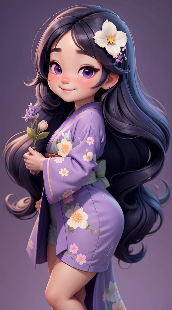 Create a  baby chibi version of the Alice character in an 8K resolution. A beautiful Asian girl with long, flowing black hair adorned with a delicate [lavender hair ornament] is strolling through the picturesque [lavender fields] of Furano, Hokkaido. She is wearing a stunning [kimono with lavender pattern], the vibrant purple colors contrasting with the vast expanse of blooming lavender. The girl's expression exudes a sense of tranquility and joy as she immerses herself in the beauty of the fragrant flowers, It's sunny, Detailed eyes, clear outlines, kawaii pose, A smile, Raise your right hand, Eye Up, Laugh, radiant light, Taken from the side. She should look adorable and cute. Give him a smiling expression and a sweet smile on his face, capturing the essence of the character in a delicate and charming way.