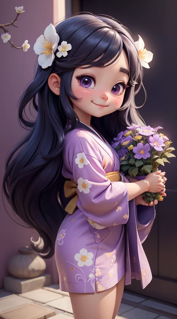 Create a  baby chibi version of the Alice character in an 8K resolution. A beautiful Asian girl with long, flowing black hair adorned with a delicate [lavender hair ornament] is strolling through the picturesque [lavender fields] of Furano, Hokkaido. She is wearing a stunning [kimono with lavender pattern], the vibrant purple colors contrasting with the vast expanse of blooming lavender. The girl's expression exudes a sense of tranquility and joy as she immerses herself in the beauty of the fragrant flowers, It's sunny, Detailed eyes, clear outlines, kawaii pose, A smile, Raise your right hand, Eye Up, Laugh, radiant light, Taken from the side. She should look adorable and cute. Give him a smiling expression and a sweet smile on his face, capturing the essence of the character in a delicate and charming way.