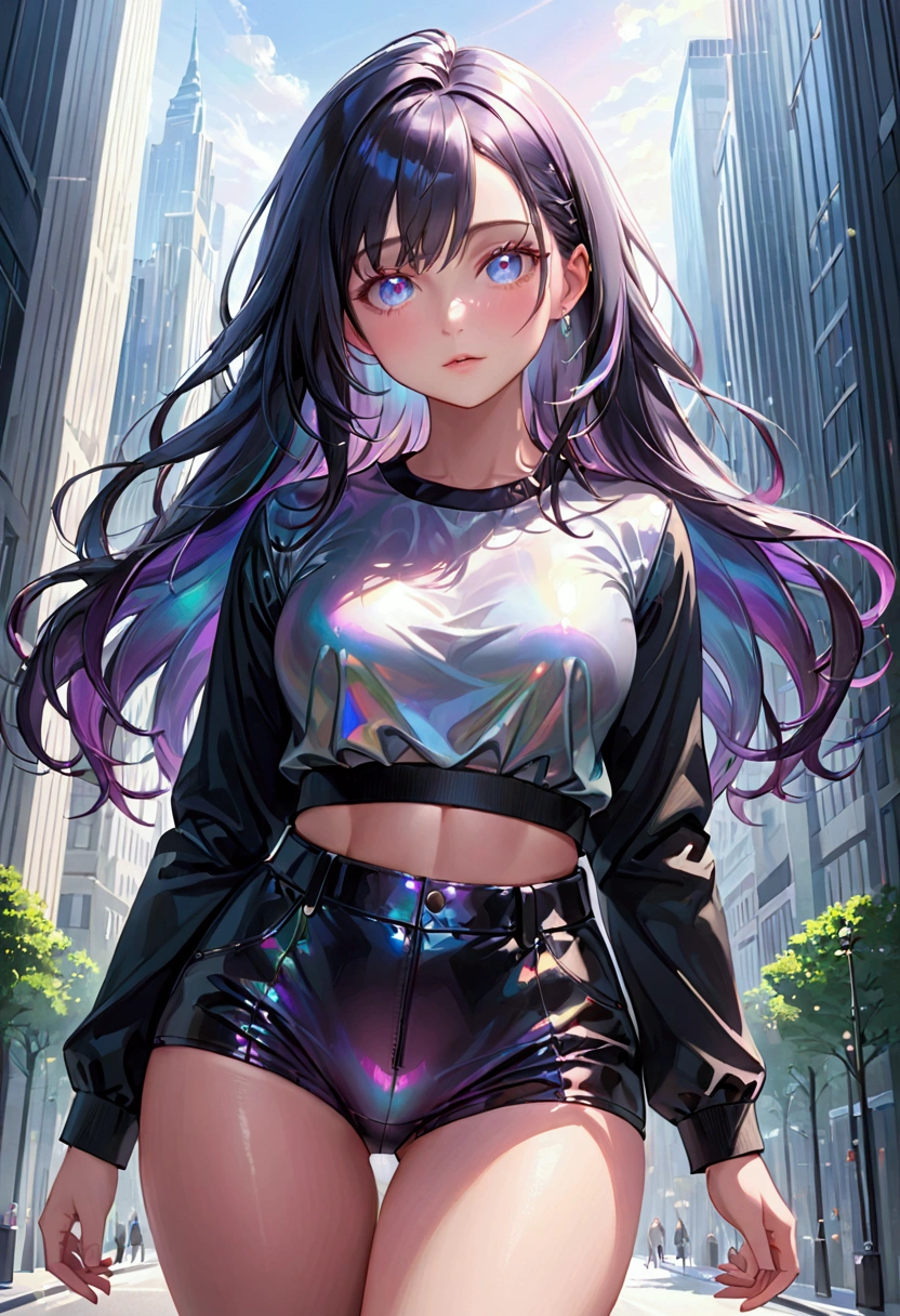 (masterpiece), best quality, expressive eyes, perfect face, Girl,long dark iridescent hair, iridescent eyes, small waist, medium , large thighs,modern clothes