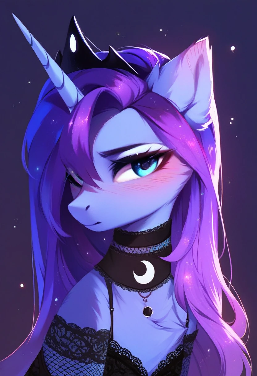 check_9, check_8_up, check_7_up, source_fluffy, rating_safe, from Magnaluna, Luna poses seductively in a gothic bedroom, antro, blushing, blue body, purple mane, black lingerie
