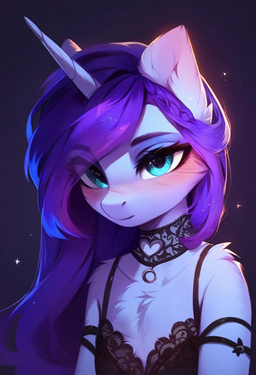 check_9, check_8_up, check_7_up, source_fluffy, rating_safe, from Magnaluna, Luna poses seductively in a gothic bedroom, antro, blushing, blue body, purple mane, black lingerie