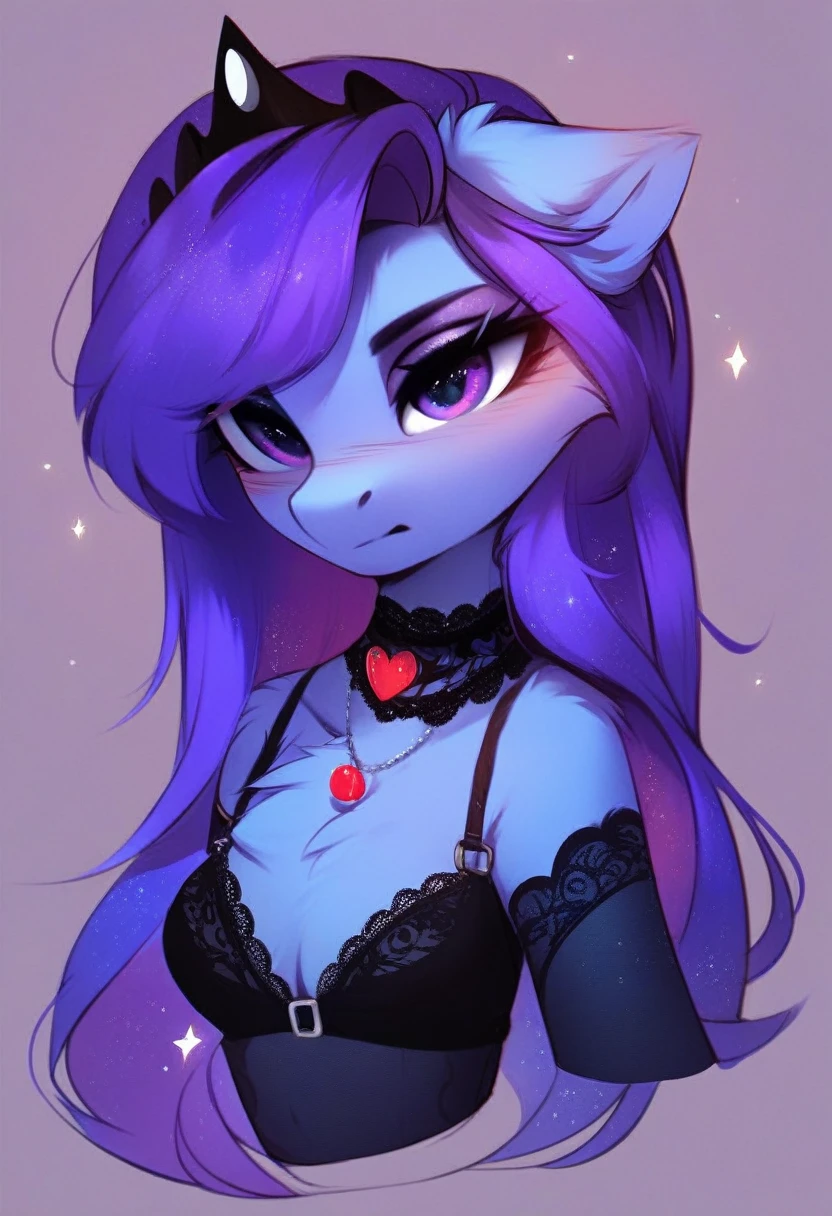 check_9, check_8_up, check_7_up, source_fluffy, rating_safe, from Magnaluna, Luna poses seductively in a gothic bedroom, antro, blushing, blue body, purple mane, black lingerie