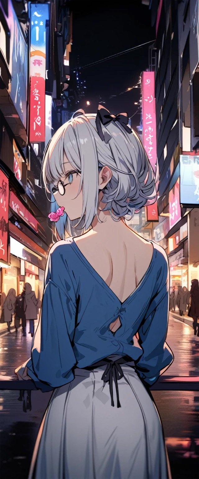 A woman with long, untied white hair, with bangs, a black bow on her head, black round glasses with a candy in her mouth, a plain blue shirt, a short white skirt, her back turned in the middle of the city at night.