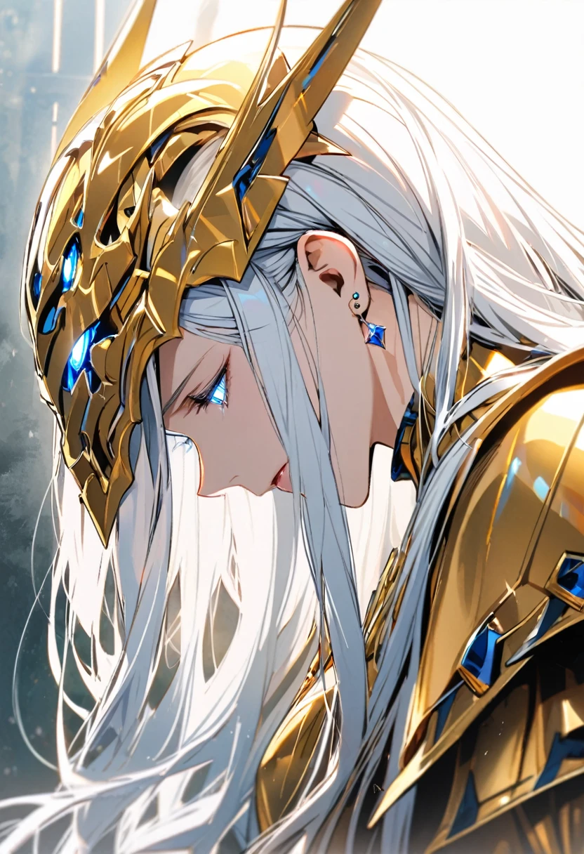 woman, blue eyes, long hair, white hair, mature, god eyes, diamond earings, gentle, side view, golden armor, half eyes, keep the head down, god eyes, glowing eyes