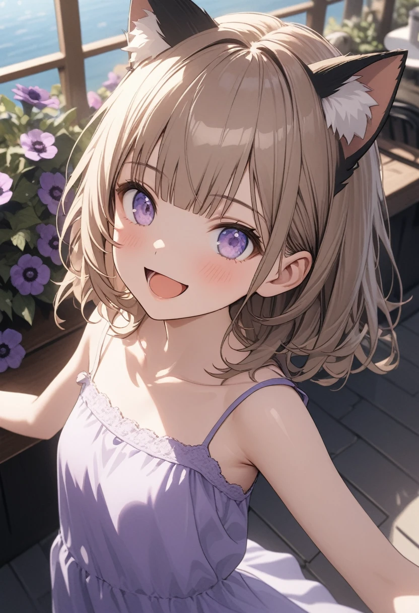 ((Masterpiece)), ((best quality)), ((kawaii)), ((extremely detailed)), 4K, (8K), (super detail:1.2), (High Definition:1.3), (Professional Photography:1.2), cinematic lighting, (very aesthetic:1.2), (absurdres:1.2), (sharp focus), (perfect light), (from above), ((1girl)),(()), Glossy skin, (Childishly cute camisole), strap slip down, (Cute innocent teenage girl), (Healthy slendar body), small breast, ((:d)), open mouth, ((naughty smile)), beautiful collarbones, (exposed shoulders), (put on Cat ears), pale brown hair, pudgy cheeks, BREAK, ((best quality)), ((extremely detailed)), wide shot, (Beautiful pale brown hair), glossy medium hair, (loose blunt bangs), (extend arms), ((in purple anemone flowers)), (the Midsummer Cafe Terrace), summerday, Beautiful Horizon Background,