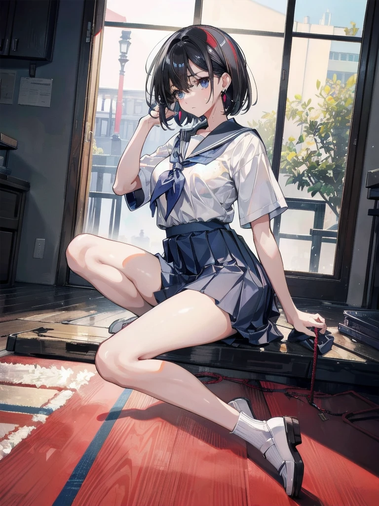 absurdres, RAW photo, extremely delicate and beautiful, masterpiece, Best Quality, ultra high resolution, 32k, hyperrealistic, ultra-detailed, perfect figure, in her 20s, very small head, very small face, delicate facial features, tearful mole, earring, huge breasts, legs, full body shot, medium hair, black hair, Colored inner hair, sweat, school_uniform,