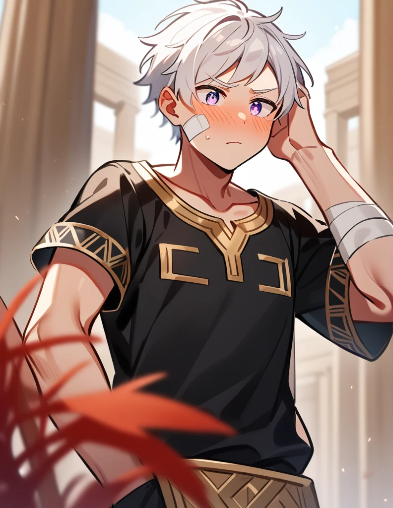 small Greek boy with white hair, violet eyes, wearing an all-black Greek shirt with small gold details, with bandages on his cheek and arm, standing scratching his head while looking away blushing, with a Greek temple with red grass in a blurred background