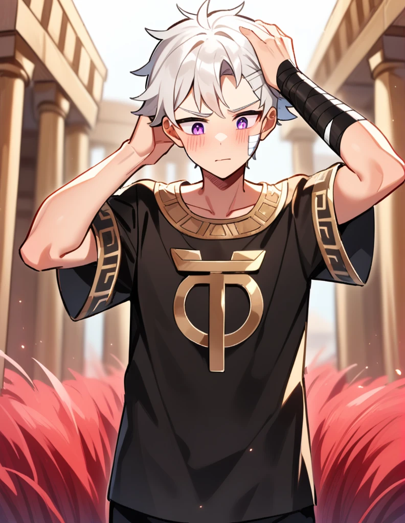 small Greek boy with white hair, violet eyes, wearing an all-black Greek shirt with small gold details, with bandages on his cheek and arm, standing scratching his head while looking away blushing, with a Greek temple with red grass in a blurred background