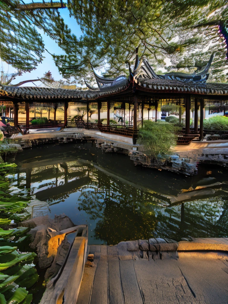 Pavilion by the water，landscape painting，Chinese style，Ink Painting，chinese classic garden，willow，Rich in artistic conception，Bird，Quiet，Literary Interests