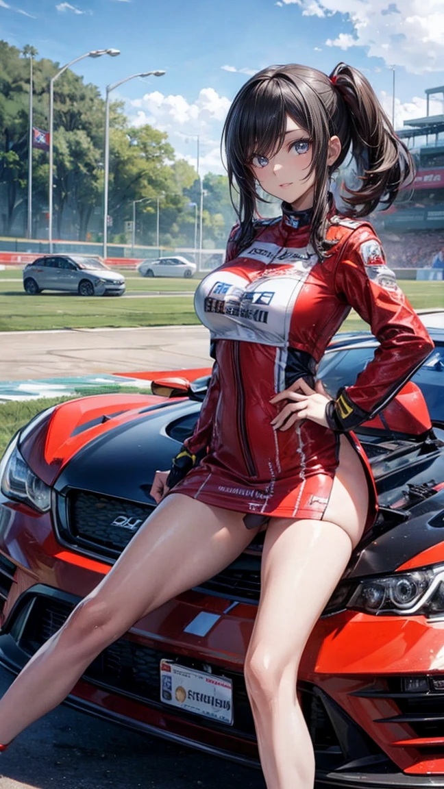 One Woman Race Queen Posing for the camera in front of a sports car、High leg