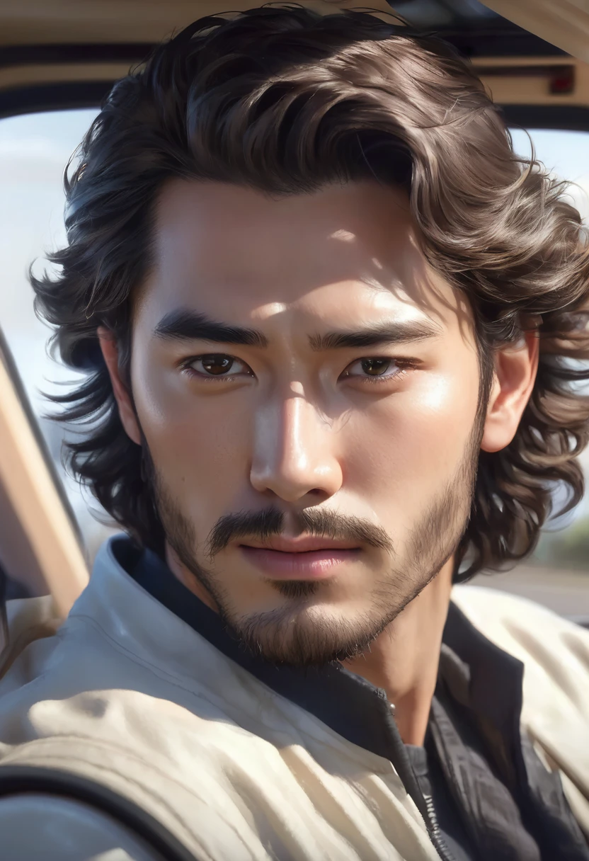 1 man, Inside a clandestine car race track, Medium-sized wavy hair, White skin, Beardless face, Dark male eyes, Manly prince's face, beautiful man, soft expression (best quality, 4K, 8K, high resolution, art: 1.2), ultra-detailed, male Korean home face (realistic, photorealistic, photorealistic: 1.37)