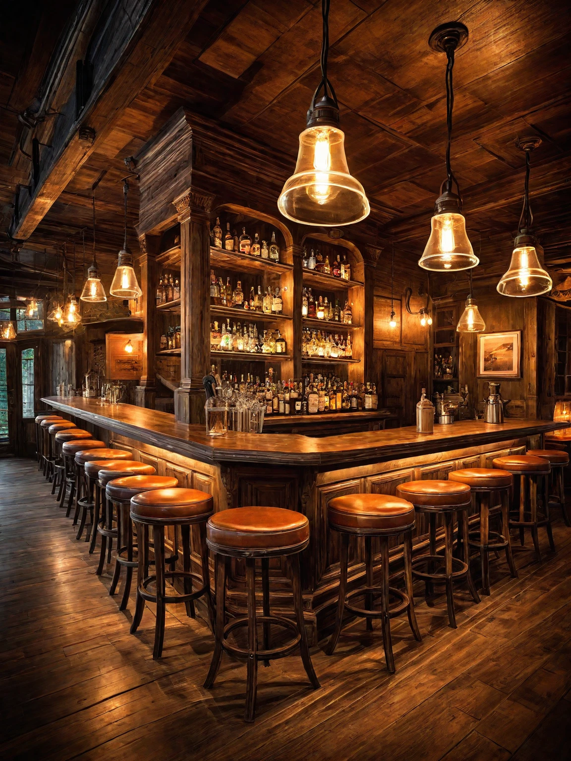 Vintage-style bar, rustic wooden furniture, antique pendant lights, dim lighting, cozy ambiance, aged wood, warm glow, vintage decor, intimate, nostalgic, high quality, realistic,
