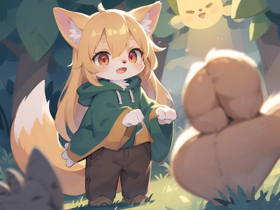 flat color, shota the fox, , was hairy, shaggy, skin fur, smooth lashes, golden fur, forelimb hands, straight long blonde hair, solid circle eyes, golden ears, golden fur, golden facial fur, shiny hair, red eyes, super cute face, 1fox tail, fluffy tail, furry tail, glowing eyes, green coat green hood down, brown trousers, open mouth, ambient light, ultra-fine fur, dashed eyes, masterpiece, high quality, high-details, best quality, (solo)