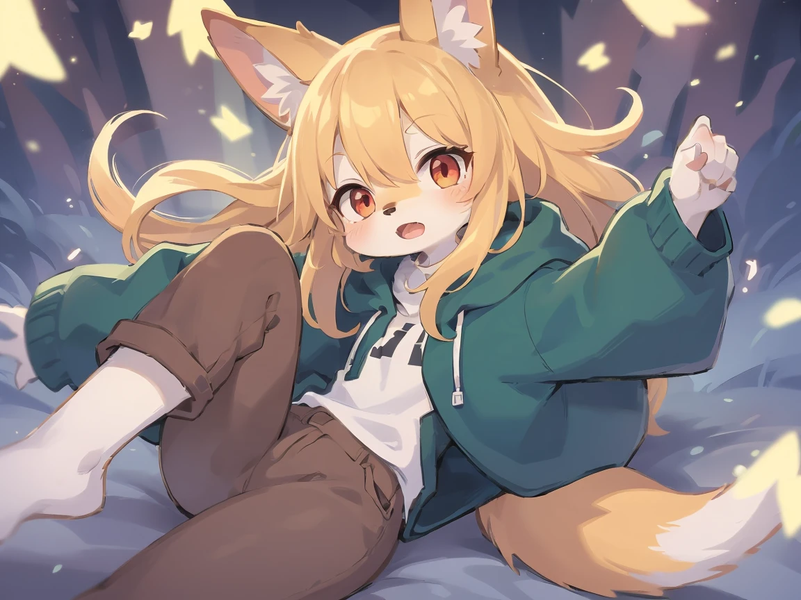flat color, shota the fox, , was hairy, shaggy, skin fur, smooth lashes, golden fur, forelimb hands, straight long blonde hair, solid circle eyes, golden ears, golden fur, golden facial fur, shiny hair, red eyes, super cute face, 1fox tail, fluffy tail, furry tail, glowing eyes, green coat green hood down, brown trousers, open mouth, ambient light, ultra-fine fur, dashed eyes, masterpiece, high quality, high-details, best quality, (solo)