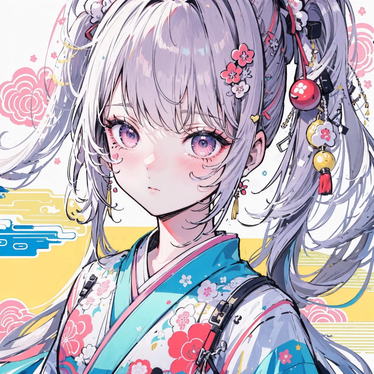 (Highest quality,masterpiece:1.2,Intricate details:1.2),Beautiful Face,ukiyoe,One girl,Girl in patterned kimono,View the viewer:1.3,Face Tattoos:1.2,Detailed Hair,Fluid brushwork,traditional japanese art, Vibrant colors, Golden Belt, Delicate cherry, Calm expression, Traditional makeup, Peaceful Background, Soft lighting