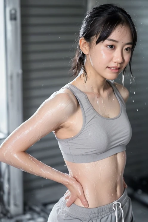 (ジムにいる二人のgirl:1.5),Light gray sports bra(soaked:1.5),Light grey sports pants(soaked:1.5),27 years old,bangs,A small smile,Thighs,knees、Looking back、Detailed butt line、Detailed buttocks bite、 Sweaty skin、Sweating profusely、girl、Bob Kat Girl,From below,Front light