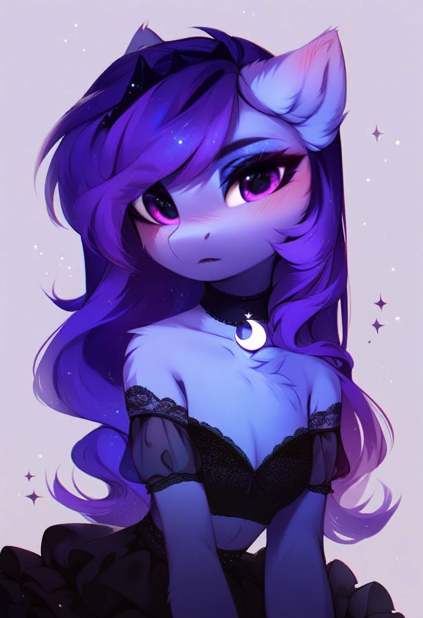 check_9, check_8_up, check_7_up, source_fluffy, rating_safe, from Magnaluna, Luna poses seductively in a gothic bedroom, antro, blushing, blue body, purple mane, black lingerie skirt