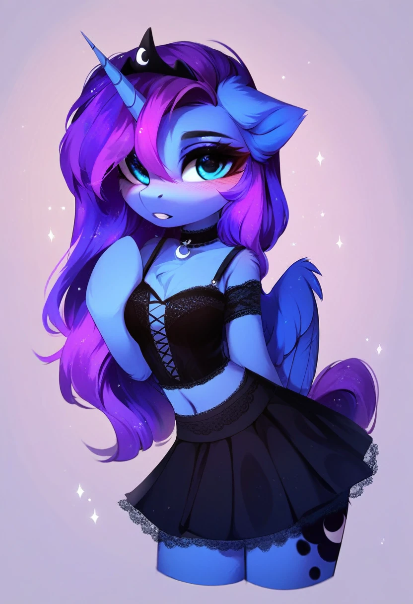 check_9, check_8_up, check_7_up, source_fluffy, rating_safe, from Magnaluna, Luna poses seductively in a gothic bedroom, antro, blushing, blue body, purple mane, black lingerie skirt