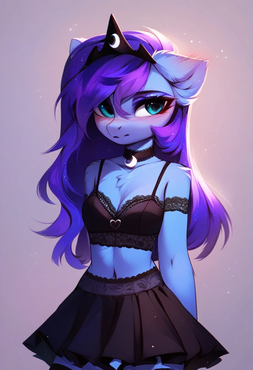 check_9, check_8_up, check_7_up, source_fluffy, rating_safe, from Magnaluna, Luna poses seductively in a gothic bedroom, antro, blushing, blue body, purple mane, black lingerie skirt