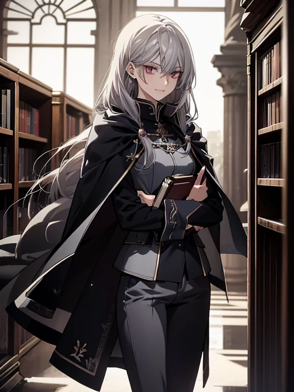 (Confused, High resolution, Very detailed), 1 female, Silver Hair,Long Hair,Crimson Eyes,Blue and black military uniform,24th generation,beauty,mature,thin,quiet,Calm,A small smile,A soft smile,Long Cape,Slender and thin,,skinny pants,Night Library,, holding a book,