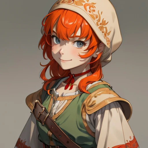 (masterpiece), (best quality),(portrait),(bust up),1girl,solo,(sharp focus),(look at viewer),hobbit,young girl,maribel,orange hair,hood,red choker,ancient clothes,(simple background),gray background,old school fantasy art,super shiny face,Ultra Glossy Skin,smile,embroidery outfit,medieval farmer outfit,beige outfit,moss green outfit,