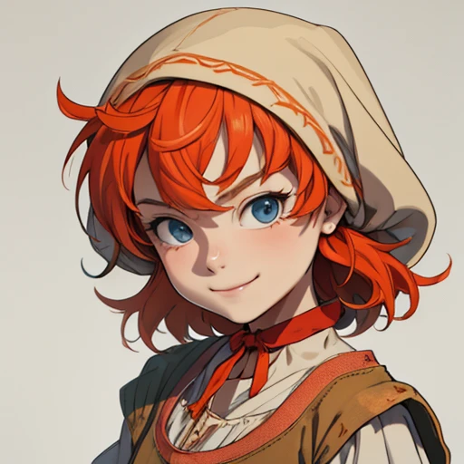 (masterpiece), (best quality),(portrait),(bust up),1girl,solo,(sharp focus),(look at viewer),hobbit,young girl,maribel,orange hair,hood,red choker,ancient clothes,(simple background),gray background,old school fantasy art,super shiny face,Ultra Glossy Skin,smile,embroidery outfit,medieval farmer outfit,beige outfit,moss green outfit,