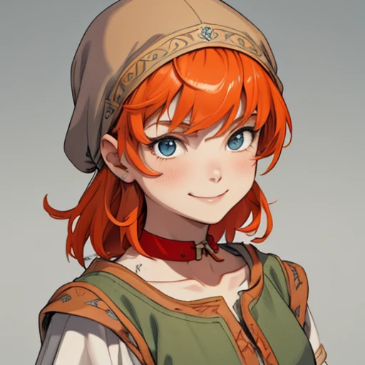 (masterpiece), (best quality),(portrait),(bust up),1girl,solo,(sharp focus),(look at viewer),hobbit,young girl,maribel,orange hair,hood,red choker,ancient clothes,(simple background),gray background,old school fantasy art,super shiny face,Ultra Glossy Skin,smile,embroidery outfit,medieval farmer outfit,beige outfit,moss green outfit,