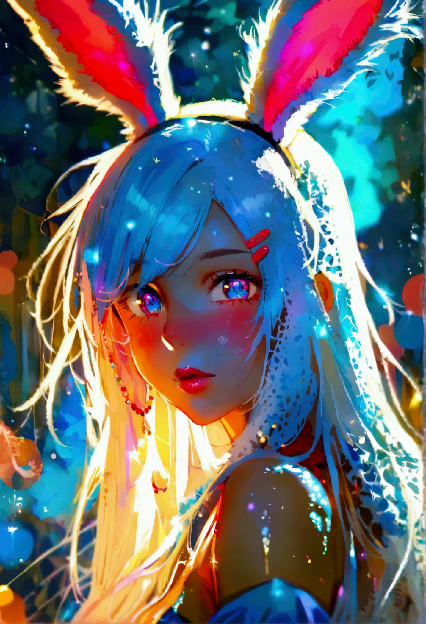 Anime girl, bunny ears, long hair, two-tone eyes, blue left eye, pink right eye, white-gray hair, pink strands, large breasts, , light from behind. Turn forward