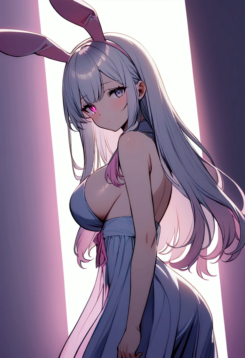 Anime girl, bunny ears, long hair, two-tone eyes, blue left eye, pink right eye, white-gray hair, pink strands, large breasts, , light from behind. Turn forward