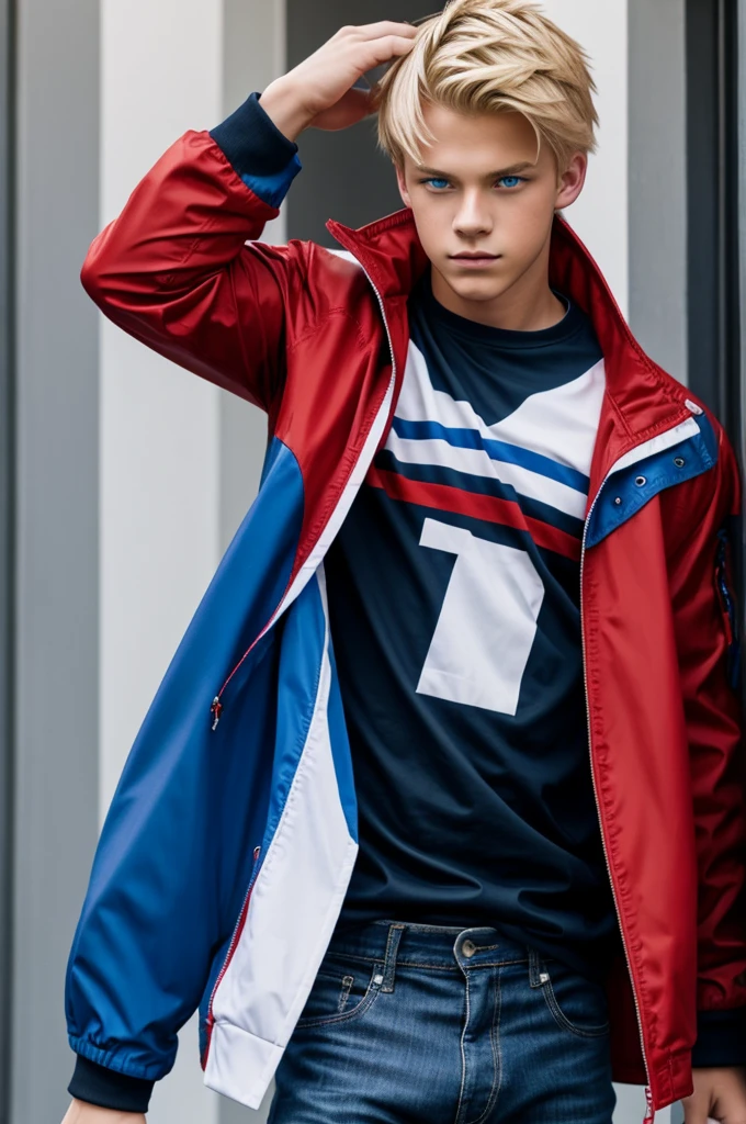Create a male-blonde teen with blue and red eyes wearing white, blue, and red shoes, a black shirt, and a deep blue and red jacket in the style of My Hero Academia