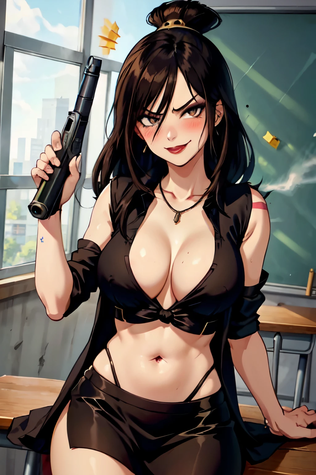 ATLAJUNE, long hair, makeup,tattoo, 1girl, solo, smug , jewelry, earrings, blush, lipstick, Hot girl, baddie, staring, glaring, bad attitude, mean girl, dare, angry, hate, crazy, smoking, sensual, attractive, masterpiece, best quality, ((unbuttoned , cleavage, necklace, earrings, sexy body,
breasts)) , micro skirt, smiling, navel , exposed belly, exposed navel,(nsfw) not safe for work,school,knot,
classroom , holding a gun, hold a gun