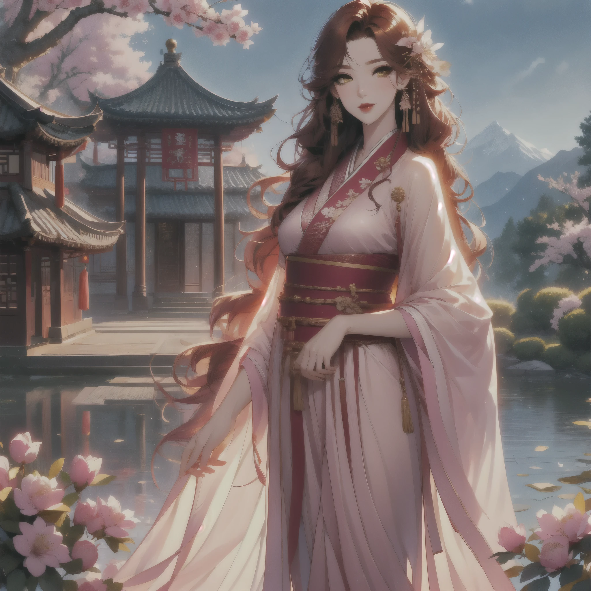 best quality, masterpiece, detail：1.4，hdr, HighDynamicRange, Ray traching，Research-usory interface，NVIDIA RTX ill herding, PBR textures, post processing, anisotropy filtering, Golden eyes, red wavy long hair woman, hanfu, elegant, detailed skin texture， depth of field, maximum resolution and sharpness, textures of any layer, perfectly proportioned, octane rendering, beautiful landscape in the background, mountains and cherry trees, equinox, Magnolia, swallow, Traditional Chinese architecture, A beautiful woman with red curly hair in Hanfu standing next to a flower , Characters and landscapes, woman with perfect body, delicate pupils，fine eyelashes and long eyelashes, smiling, pink lips, clear cute face, sweet woman