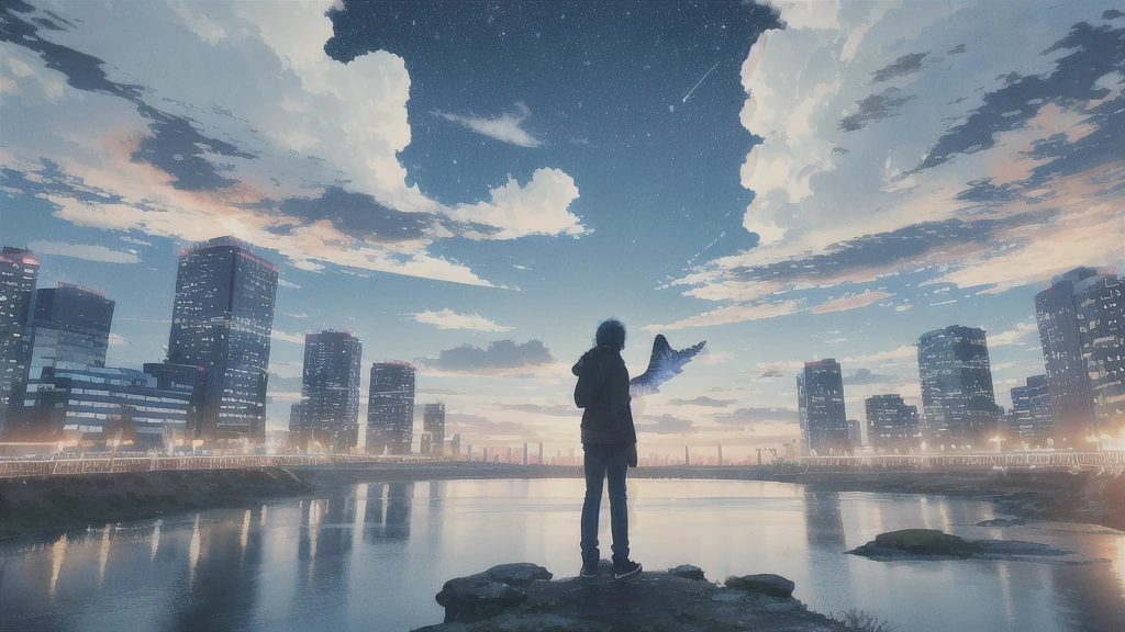 Acoustic guitar,真っ暗なnight空,Octane, star (null), scenery, Blue parakeet,Acoustic guitarは身体の前,star, night, man, Back view, Outdoor, city,river,Blue parakeet,building, cloud, 天のriver,silhouette