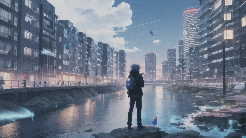 Acoustic guitar,真っ暗なnight空,Octane, star (null), scenery, Blue parakeet,Acoustic guitarは身体の前,star, night, man, Back view, Outdoor, city,river,Blue parakeet,building, cloud, 天のriver,silhouette