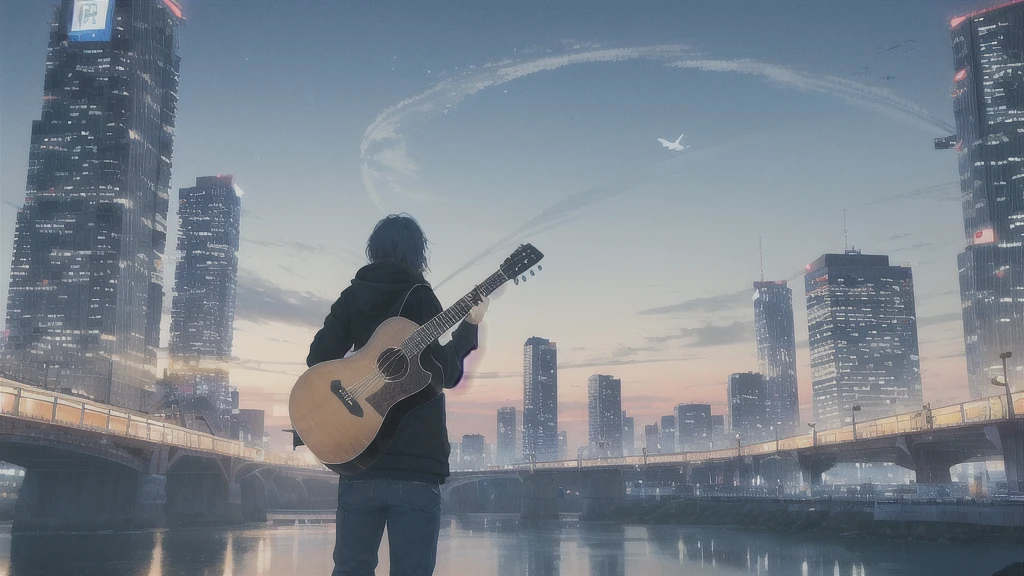 Acoustic guitar,真っ暗なnight空,Octane, star (null), scenery, Blue parakeet,Acoustic guitarは身体の前,star, night, man, Back view, Outdoor, city,river,Blue parakeet,building, cloud, 天のriver,silhouette
