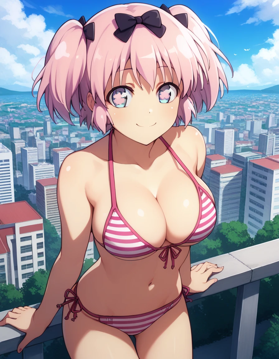 score_9, score_8_up, score_7_up, source_anime,
skhibari, hibari, short hair, bow, twintails, pink hair, hair bow, symbol-shaped pupils, short twintails, blue eyes, smile, large breasts,
sexy bikini,
outdoors, cityscape,
looking at viewer