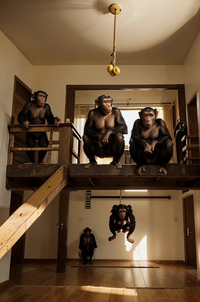 10 Chimpanzees in a room. There is a ladder on the center and banana hanging on the ceiling. Photorealistic style.