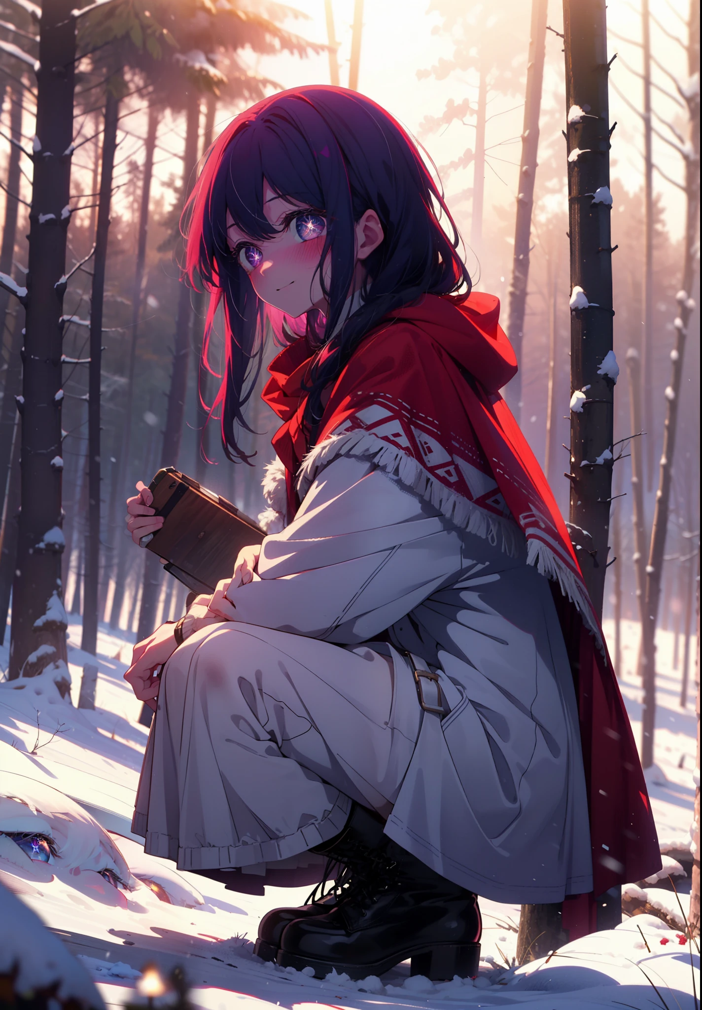 aihoshino, Ai Hoshino, Long Hair, bangs, (Purple eyes:1.1), Purple Hair, (Symbol-shaped pupil:1.5), smile,,smile,blush,White Breath,
Open your mouth,snow,Ground bonfire, Outdoor, boots, snowing, From the side, wood, suitcase, Cape, Blurred, , forest, White handbag, nature,  Squat, Mouth closed, Cape, winter, Written boundary depth, Black shoes, red Cape break looking at viewer, Upper Body, whole body, break Outdoor, forest, nature, break (masterpiece:1.2), Highest quality, High resolution, unity 8k wallpaper, (shape:0.8), (Beautiful and beautiful eyes:1.6), Highly detailed face, Perfect lighting, Extremely detailed CG, (Perfect hands, Perfect Anatomy),