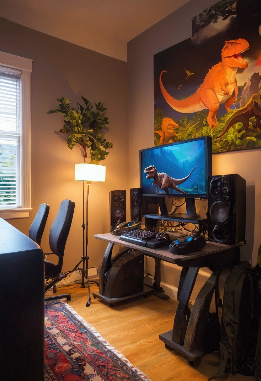 a dinosaur playing video games on a PC in a room