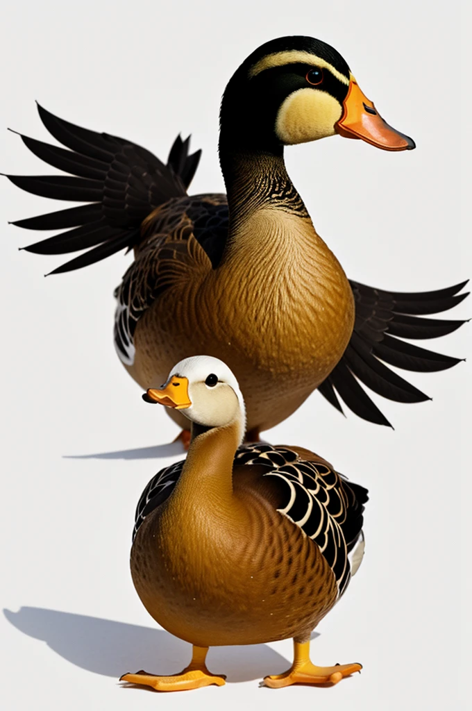 Generate me the image of a normal but animated duck in the center of the image with a white background