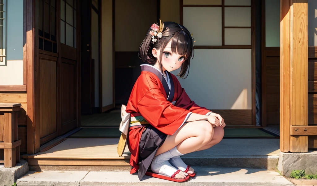 twelve year old brunette girl,Hairpin,Geisha hairstyle,luxury kimono,White socks,slippers,Squat down,Japanese Street