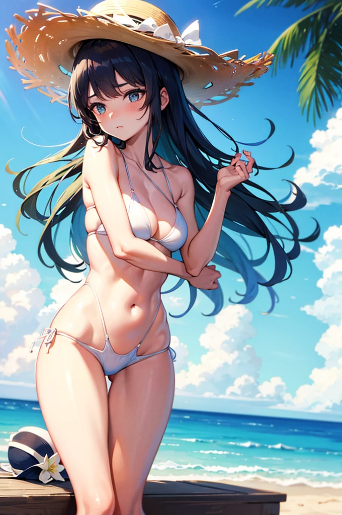 Beautiful woman, Hair blowing in the wind, Beach Background, Detailed light, White skin, Woman in swimsuit, straw hat, Ocean, bikini, Ocean辺, Sitting