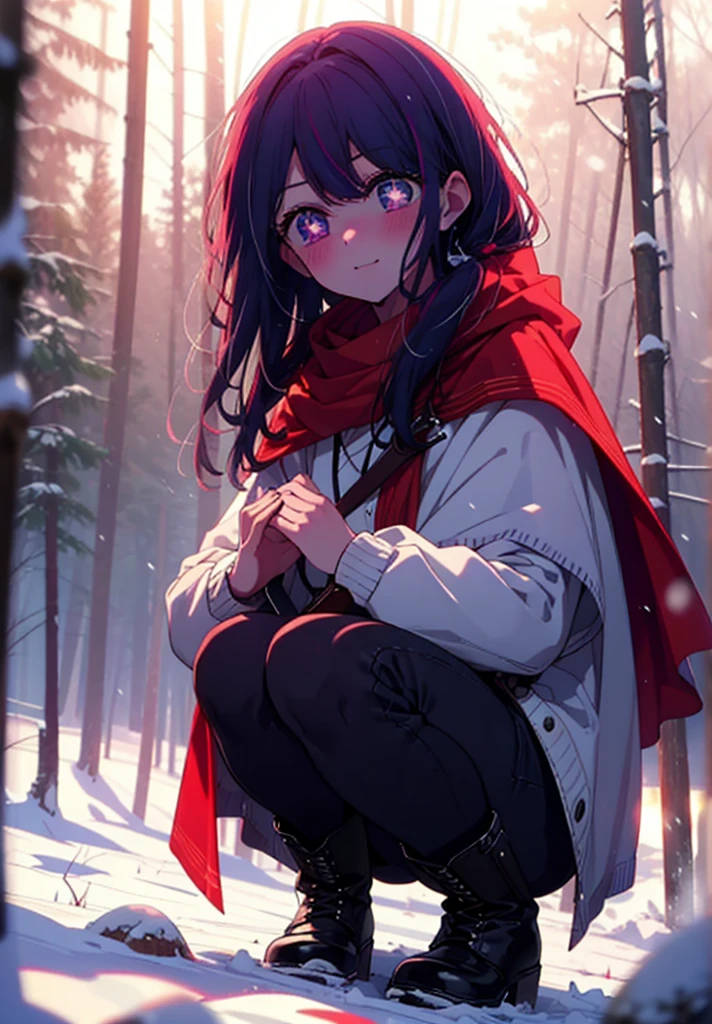 aihoshino, Ai Hoshino, Long Hair, bangs, (Purple eyes:1.1), Purple Hair, (Symbol-shaped pupil:1.5), smile,,smile,blush,White Breath,
Open your mouth,snow,Ground bonfire, Outdoor, boots, snowing, From the side, wood, suitcase, Cape, Blurred, , forest, White handbag, nature, Squat, Mouth closed, Cape, winter, Written boundary depth, Black shoes, red Cape break looking at viewer, Upper Body, whole body, break Outdoor, forest, nature, break (masterpiece:1.2), Highest quality, High resolution, unity 8k wallpaper, (shape:0.8), (Beautiful and beautiful eyes:1.6), Highly detailed face, Perfect lighting, Extremely detailed CG, (Perfect hands, Perfect Anatomy),