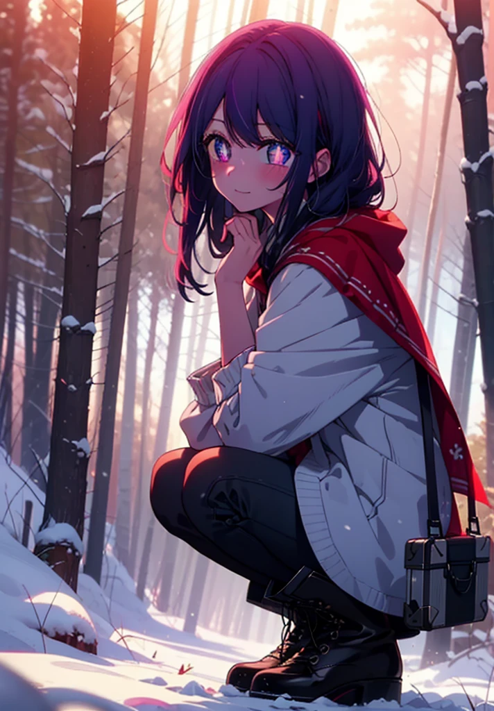 aihoshino, Ai Hoshino, Long Hair, bangs, (Purple eyes:1.1), Purple Hair, (Symbol-shaped pupil:1.5), smile,,smile,blush,White Breath,
Open your mouth,snow,Ground bonfire, Outdoor, boots, snowing, From the side, wood, suitcase, Cape, Blurred, , forest, White handbag, nature, Squat, Mouth closed, Cape, winter, Written boundary depth, Black shoes, red Cape break looking at viewer, Upper Body, whole body, break Outdoor, forest, nature, break (masterpiece:1.2), Highest quality, High resolution, unity 8k wallpaper, (shape:0.8), (Beautiful and beautiful eyes:1.6), Highly detailed face, Perfect lighting, Extremely detailed CG, (Perfect hands, Perfect Anatomy),
